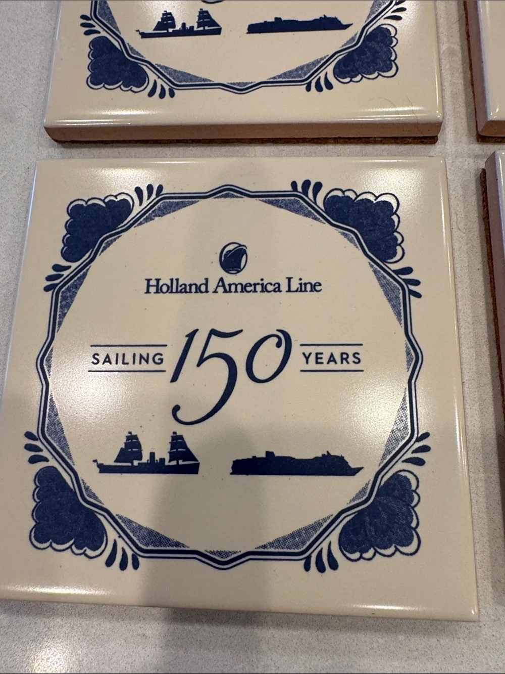 Holland America Line 150th Anniversary Blue & Cream Coaster Set 5 pieces